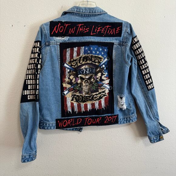 Upcycled Mono B Denim Trucker Jacket w/Guns & Roses Concert Graphic Tee Size L - Picture 1 of 11